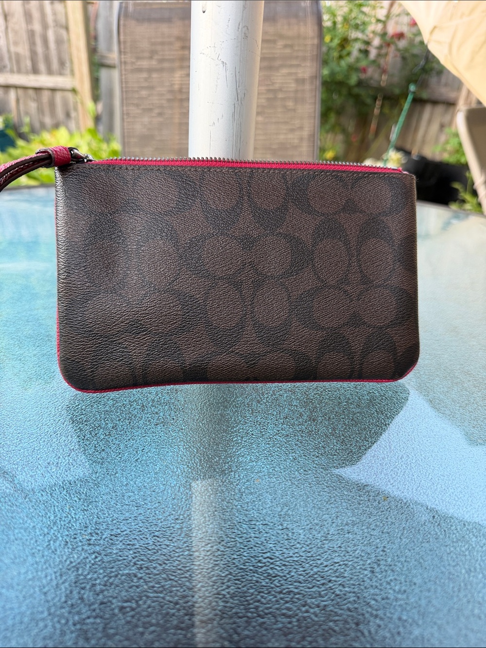 Coach Brown Signature Wristlet with Aloha Patch and Pink Trim - Picture 3 of 7